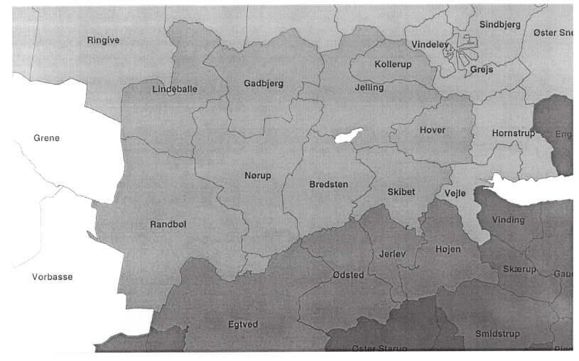 MORTEN PEDERSEN Figur 6. Jelling herred med de nutidige sognegrnser. Copyright, Kort & Matrikelstyrelsen, G 24-98.