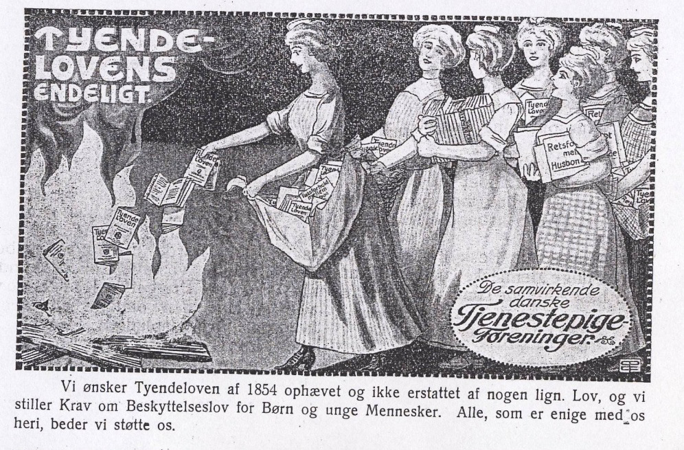 Bild 2, Tjänstekvinnorna i Københavns Tjenestepigeforening bränner tyendeloven. ABA Husligt Arbejder Forbund Afd 1, Tjenstepigernes Blad 15/12 1911.