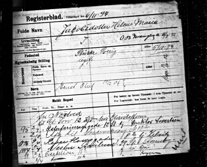 Bild 3, Politiets Registerblade, Helena Marie Jacobsdotter, Københavns Stadsarkiv. På Köpenhamns stadsarkiv finns även fæsteprotokoller från åren 1848 1939.