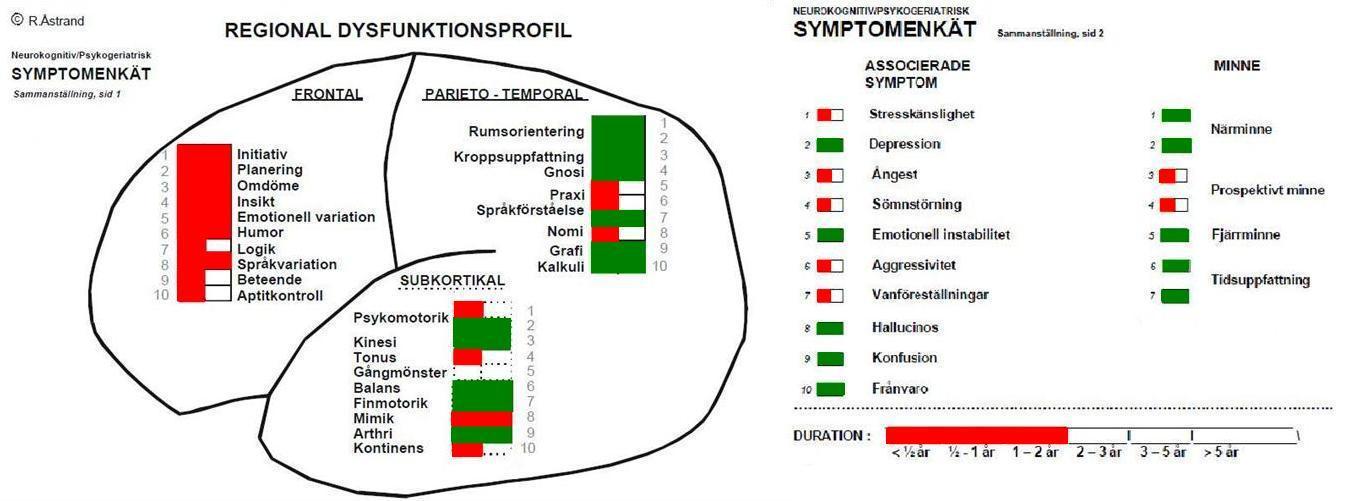 Fig. 3-5 Exempel på grafisk sammanställning av Symtomenkäten (pappersversion, 2008) - 2 röd markering = uttalade observerade symtom - 1 röda markeringar = måttliga observerade symtom -