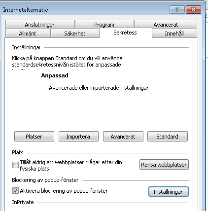 Internet Explorer 9 10 popup fönster Välj Sekretess.