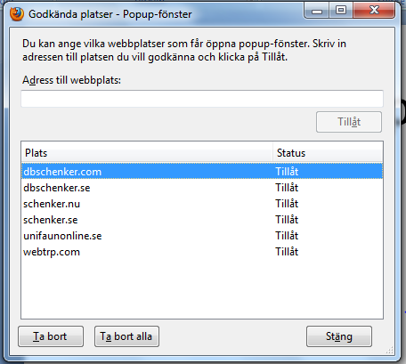 Mozilla Firefox Popup blockerare Lägg till följande platser som godkända för popup