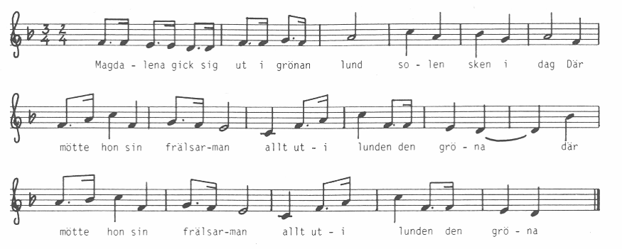 en version av Magdalenaballaden som Vendla lärde sig som fjortonåring av en förbipasserande 80-årig snickargubbe: 129 Bild 6: Melodin till Magdalenaballaden (SMB 43), upptecknad 1984 av Marie Länne