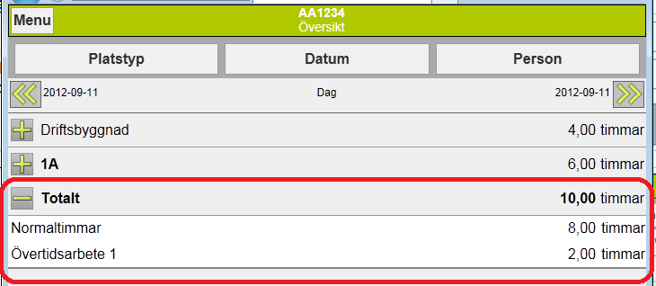 nedersta raden Längs nere finns en total summa av arbetstiden i perioden.