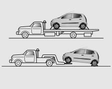 Vi rekommenderar att en upphängningsanordning (dolly) används till hjulen, alternativt att bilen lastas på bärgningsbil med flak.