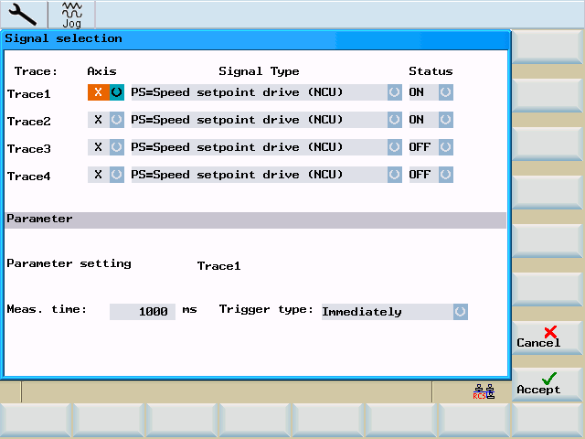 System 8.4 System - softkeys (Service indikering) Denna meny tjänar till inställning av parametrarna för mätkanalen. Bild 8-20 Signal val Val av axel: Valet av axel görs i togglerutan "Axel".