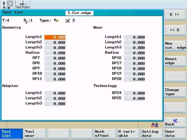 Rigga 4.1 Mata in verktyg och verktygskompenseringar Bekräfta med <Input> eller med en rörelse med markören. För specialverktyg står softkeyfunktionen Advanced fullständig parameterlista att fylla i.