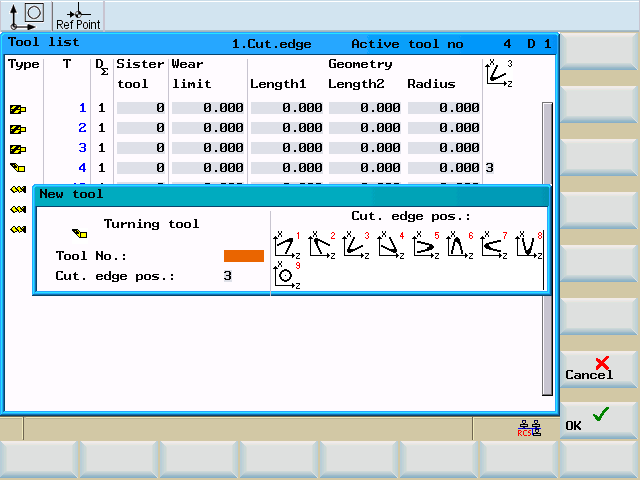 Rigga 4.1 Mata in verktyg och verktygskompenseringar 4.1.2 Anlägga nytt verktyg Manöverföljd New tool Funktionen erbjuder tre ytterligare softkeyfunktioner för att välja verktygstypen "Svarvstål", "Borr" och "Fräs".