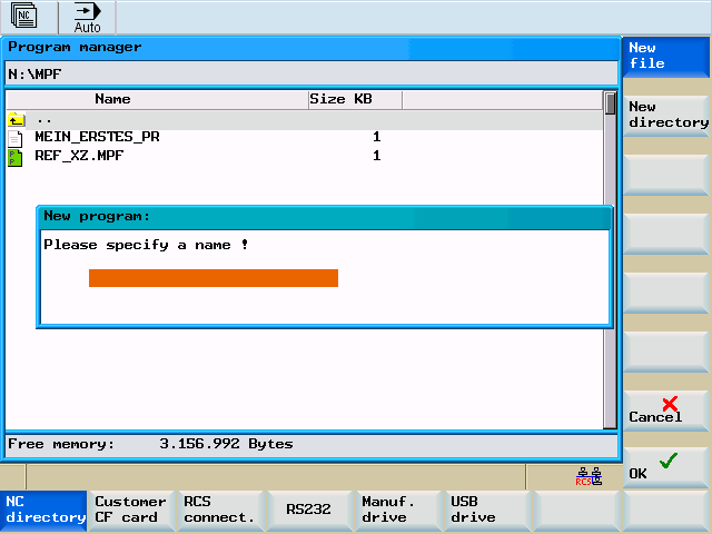 Detaljprogrammering 7.2 Mata in nytt program 7.2 Mata in nytt program Manöverföljder Du har valt Program-managern. Via softkeyn "NC-pärm" väljer du lagringsplats för det nya programmet.