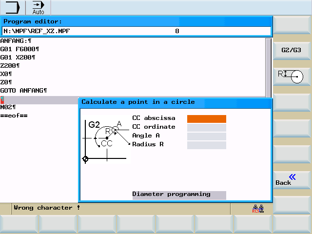 Bild 7-6 Miniräknare Softkeys Denna funktion tjänar till beräkning av en punkt på en cirkel.