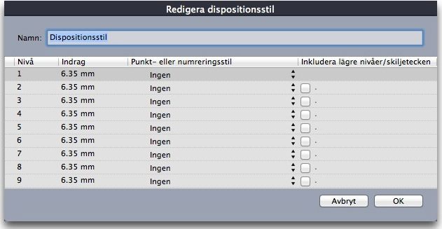 TEXT OCH TYPOGRAFI Arbeta med dispositionsstilar En dispositionsstil definierar indrag för upp till nio indragsnivåer. Du kan associera en punkt- eller numreringsstil med varje nivå.
