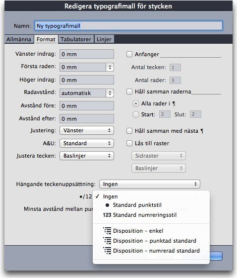 TEXT OCH TYPOGRAFI Associera en punkt-, numrerings- eller dispositionsstil med en typografimall för stycken När du använder den här typografimallen i ett stycke används även punkt-, numrerings- eller