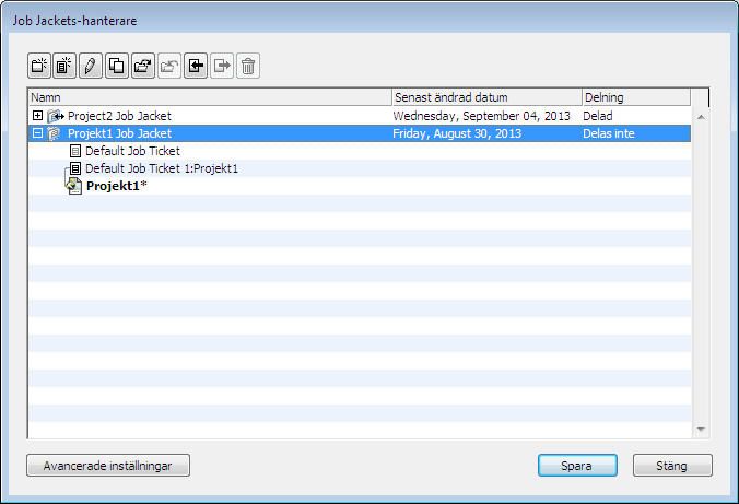 JOB JACKETS Du kan skapa Job Ticket-mallar i grundpanelen i dialogrutan Job Jackets-hantering (menyn Övrigt). 2 Markera den Job Jackets-struktur som Job Ticket-mallen ska finnas i.