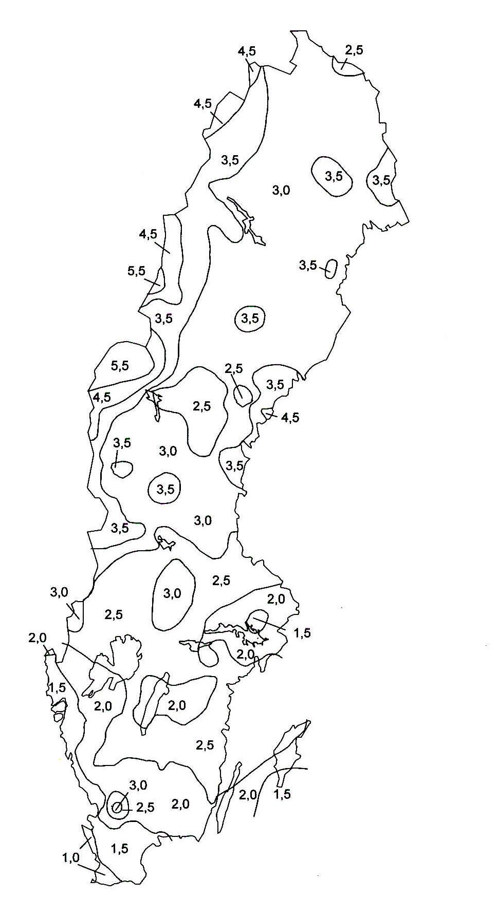 Figur C-3 Snölast på mark: Snözoner för snölast på mark, s k, som med sannolikheten av 0,98 inte överskrids en gång per år (ekvivalent med 50 års