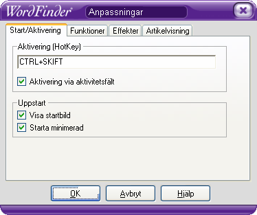 Anpassa WordFinder Via valet Verktyg Programinställningar Anpassningar har du möjlighet att anpassa WordFinder till ditt arbetssätt.