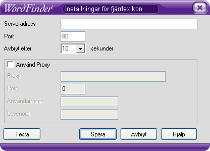 Fjärrlexikon Har du programvaran WordFinder Online installerad i ditt intranät kan du använda WordFinder som en klient. Detta gör du via menyvalet Lexikon Fjärrlexikon.