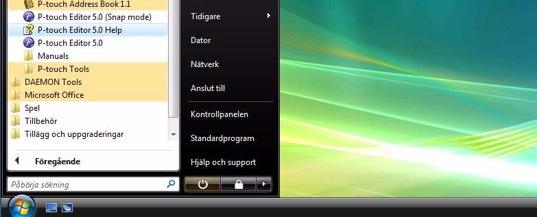 Starta hjälpavsnittet till P-touch Editor I det här avsnittet beskrivs hur du startar hjälpavsnittet till P-touch Editor för Windows. Följande exempel är för Windows Vista.