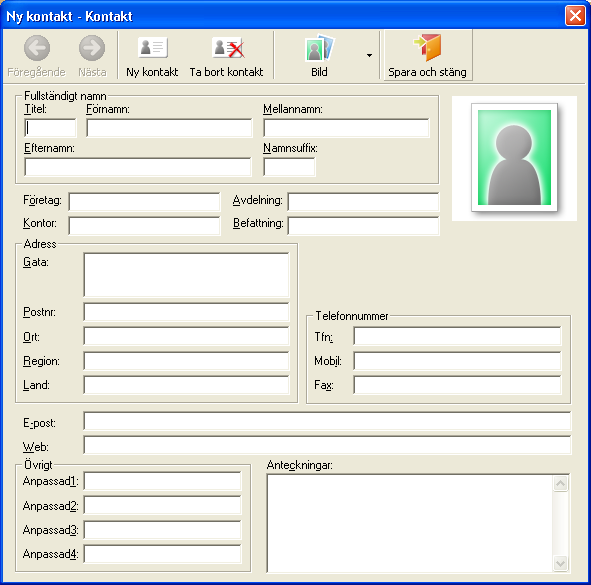 Skapa en ny kontakt I det här avsnittet förklaras hur du skapar en ny kontakt. 1 Klicka på [Arkiv] [Ny kontakt] eller på. Dialogrutan [Ny kontakt] visas. 2 Skriv in information i fälten.