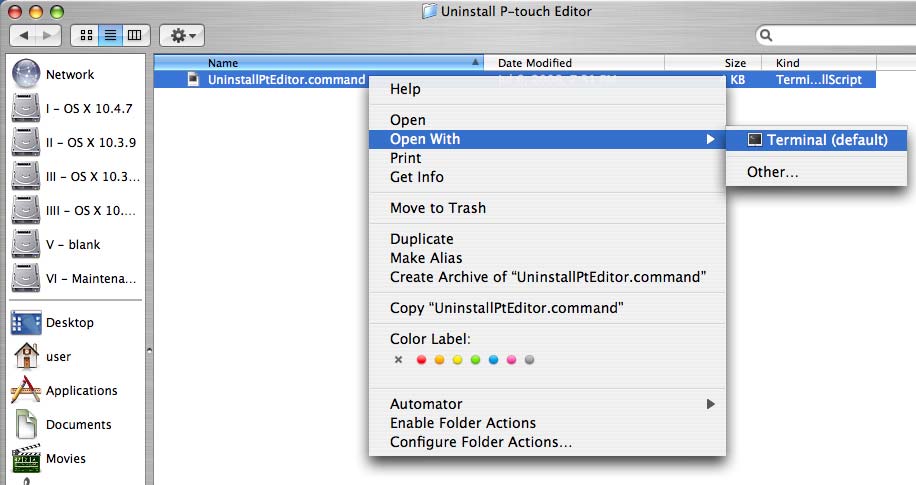 För Mac Avinstallera P-touch Editor 1 Gå till den hårddisk där P-touch Editor har installerats och dubbelklicka på [Applications], [P-touch Editor 5.0], [Uninstall P-touch] och [UninstallPtEditor.
