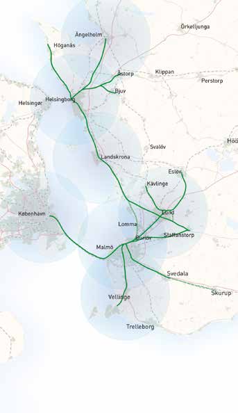 Integrationen över Öresund och inom regionen underlättas genom en kraftig utbyggnad av regionaltågen. Därmed knyts fler städer samman samtidigt som restiden reduceras och antalet byten minskar.