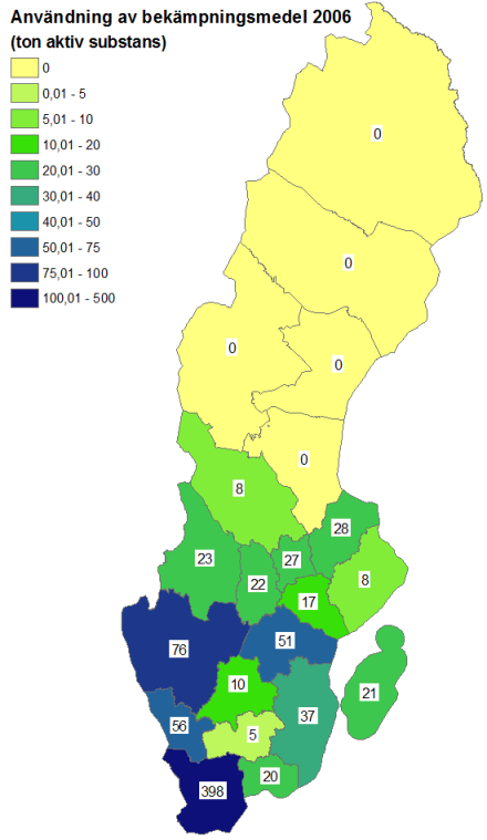 (a) ( b) Figur 8. Karta över Sveriges län med användningen av växtskyddsmedel inom jordbruket (ton aktiv substans) under 2006 respektive 2010.