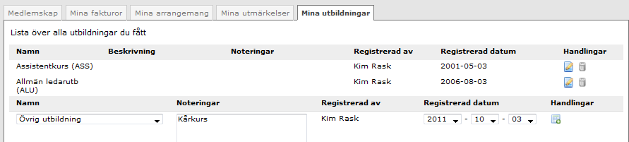 Lägg till en notering (valfritt), justera datum (valfritt) och tryck på ikonen Tabell med plustecken. Den som genomför registeringen sparas automatiskt i fältet Registrerad av.