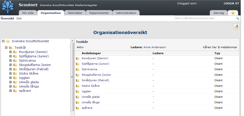 3. Huvudflik Organisation Huvudfliken Organisation visar hela Scoutorganisationen i det omfång du har behörighet att se den.