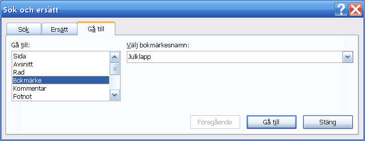 Välj fliken Gå till, välj Bokmärke och lista sedan fram rätt bokmärke. ÖVNING PÅ BOKMÄRKEN Öppna dokumentet kompostering som finns i övningsmappen Word 2010 FD under Ovningar/ Dan / Microsoft Word.