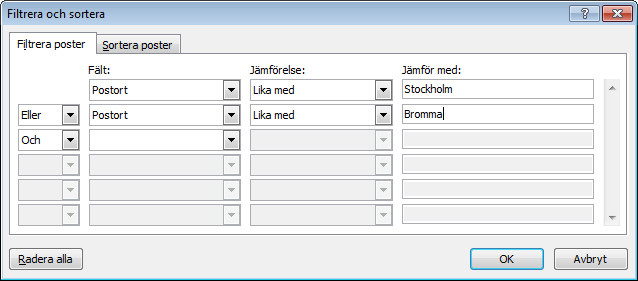 Klicka på OK och välj sedan alternativet Sortera och ställ in en sortering på fältet Postort, klicka sedan på OK och bekräfta
