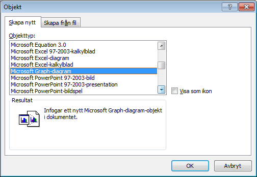 Det andra alternativet är den äldre modellen Microsoft Graph-diagram som du hittarunder fliken Infoga och alternativet Objekt i gruppen text.