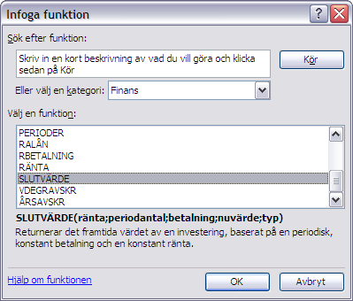 Funktionen SLUTVÄRDE beräknar en investerings värde vid en framtida tidpunkt.