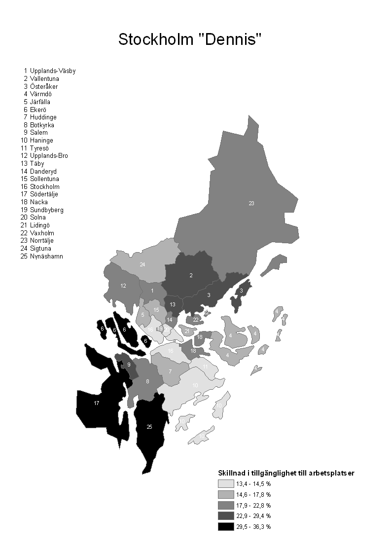 Figur 4 Stockholm Dennis. Förändring i tillgänglighet till arbetsplatser Göteborg Adelsohn I analysen har två alternativa resultat tagits fram, ett min-alternativ och ett max-alternativ.