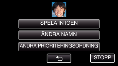 Inspelning Redigera registrerad information om ansikte Redigera registrerad information om ansikte Man kan ändra namn, prioritetsnivå och ansiktsinformation som registrerats 1 Tryck på MENU 0