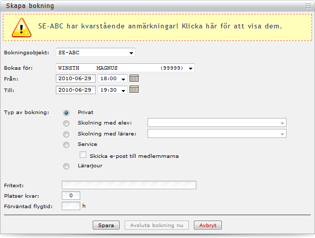 myweblog Bokningssystem kan bli nådd av andra medlemmar vid t.ex. förseningar eller tekniska problem som kan påverka dig. 5.4.2.3 Skapa ny bokning Att skapa en ny bokning är mycket enkelt.