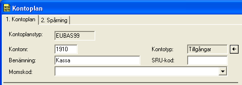 Kapitel 3: SPCS 30 finns med all säkerhet redan kontot 1910 och du kan istället hoppa vidare till nästa punkt. Figur 6: Hur man skapar ett nytt konto i SPCS. I detta fallet kassan.
