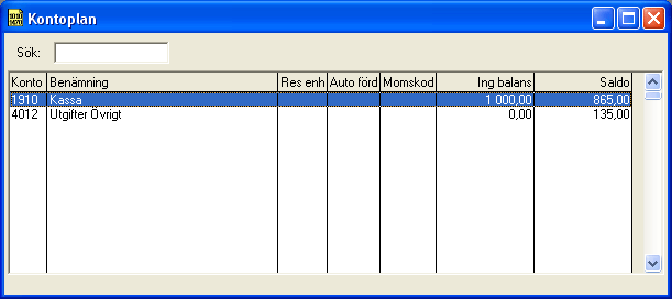 Kapitel 3: SPCS 33 Figur 10: Kontoplanen har nu kompletterats med kassans ingående balas.
