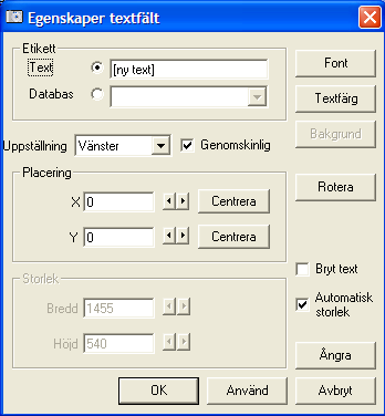 För att ange vad som ska stå i fältet dubbelklickar man på [ny text]-figuren. Följande egenskapsruta visas: Man har nu två val. 1. Man vill ha en fast text, d.v.s. det står samma text på alla kort med denna design, oavsett vem som köper det.