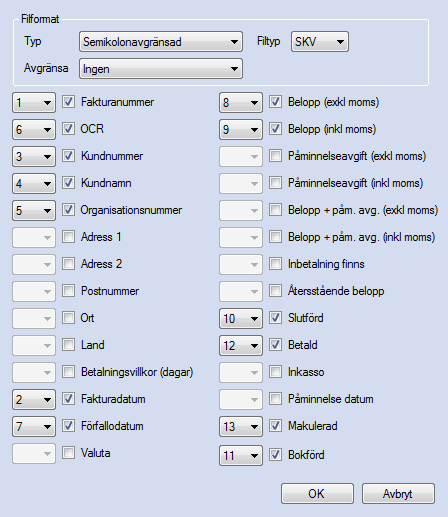 Figur 77. Vid export av data från en lista till en separat fil kan man enkelt välja vilken data som ska exporteras, i vilken ordning data ska exporteras och till vilken typ av filformat.