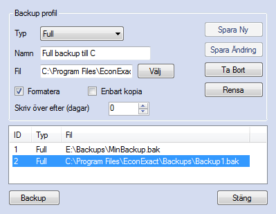 Figur 19. Backup kan enkelt utföras via klienten med hjälp av backupprofiler Det finns två olika typer; Full och Differential.