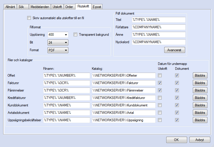 Figur 22. Under fliken Filutskrift finns alla lokala inställningar för hur utskrifter till filer ska hanteras.