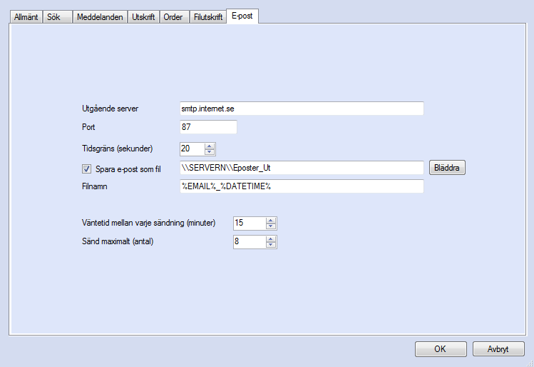 Figur 23. Under inställningar för E-post finns möjligheten att spara kopia av alla e-poster som filer och att ange frekvensen av utgående e-poster.