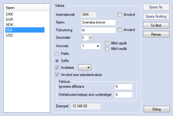 Figur 47. Alla valutor som används bör läggas till databasen Dubbelklicka på en valuta i listan för att ladda en av dom valutor som redan ligger i databasen.