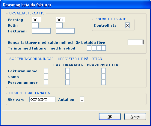 144 Kundreskontra 3.4.2 Inmatningsfält Företag from - tom Om flera företagsnummer används i reskontran och behörighet finns till att rensa reskontrans