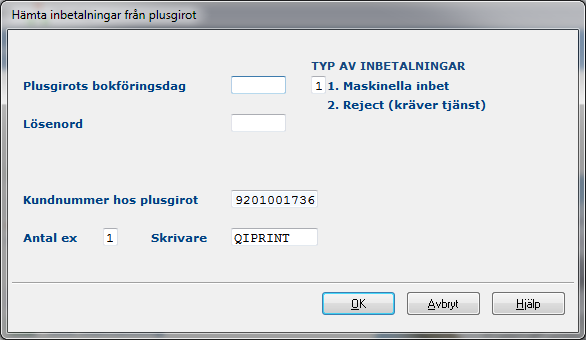 16 Kundreskontra 3.2.2. Inmatningsfält Postens bokföringsdag Ange plusgirots bokföringsdag (enl.ååmmdd) för de inbetalningar som ska hämtas hem.