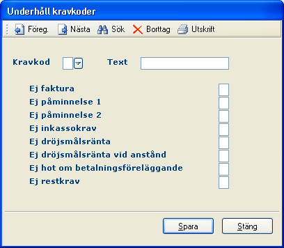 74 Kundreskontra Undertryckning av fakturautskrift kan också göras med hjälp av kravkod. En sådan kod kan användas i diverse debitering och fasta debiteringar.