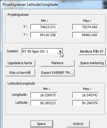 3. Från högerklicksmenyn Välj Latitude/Longitude. Nu visas ett formulär där ett antal projektioner/koordinatsystem finns att välja bland. 4.