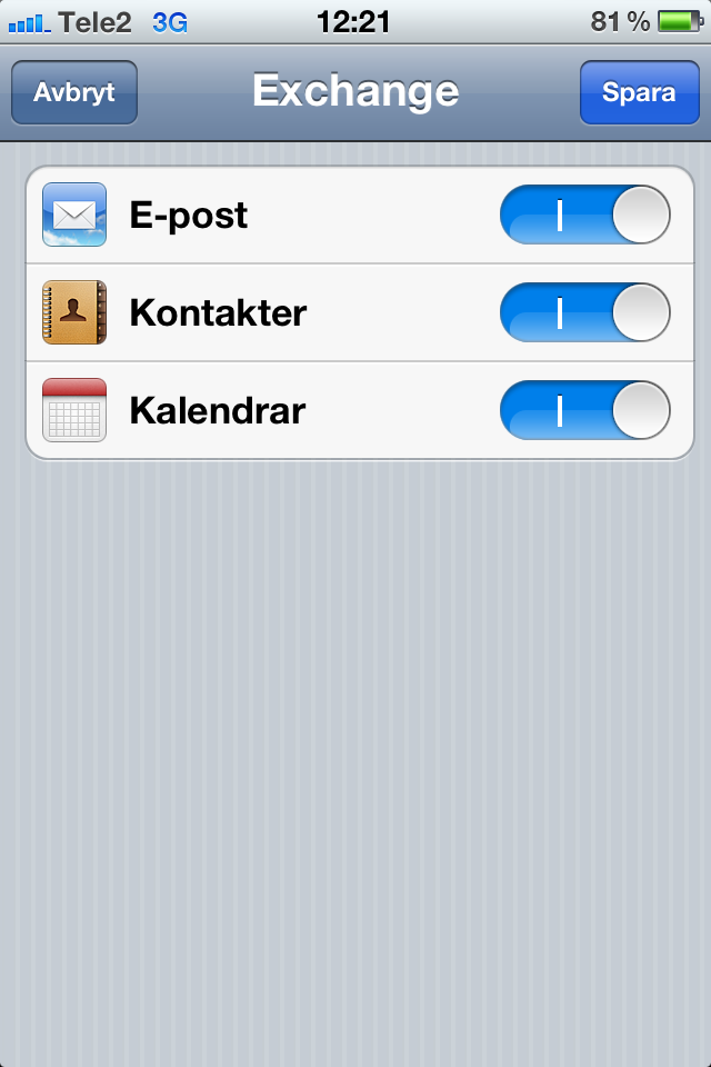 Nu får du upp en förfrågan om det gäller E-post, Kontakter och kalendrar och du låter dem vara och pekar bara på Spara.
