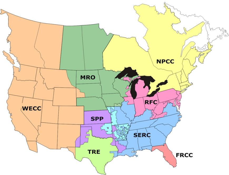 Figur 3-1 Det amerikanska elnätet 95 De tre övergripande elnäten är uppdelade i tio regionala tillförlitlighetsnämnder (Error! Reference source not found.