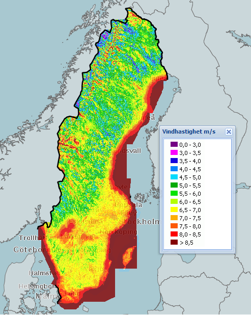 Vindkarteringen visar den modellerade medelvindhastigheten för sju olika höjder(80, 90, 100, 110, 120, 130 och 140m), vindhastigheterna är alltså inte uppmätta utan simulerade med hjälp av datorer.