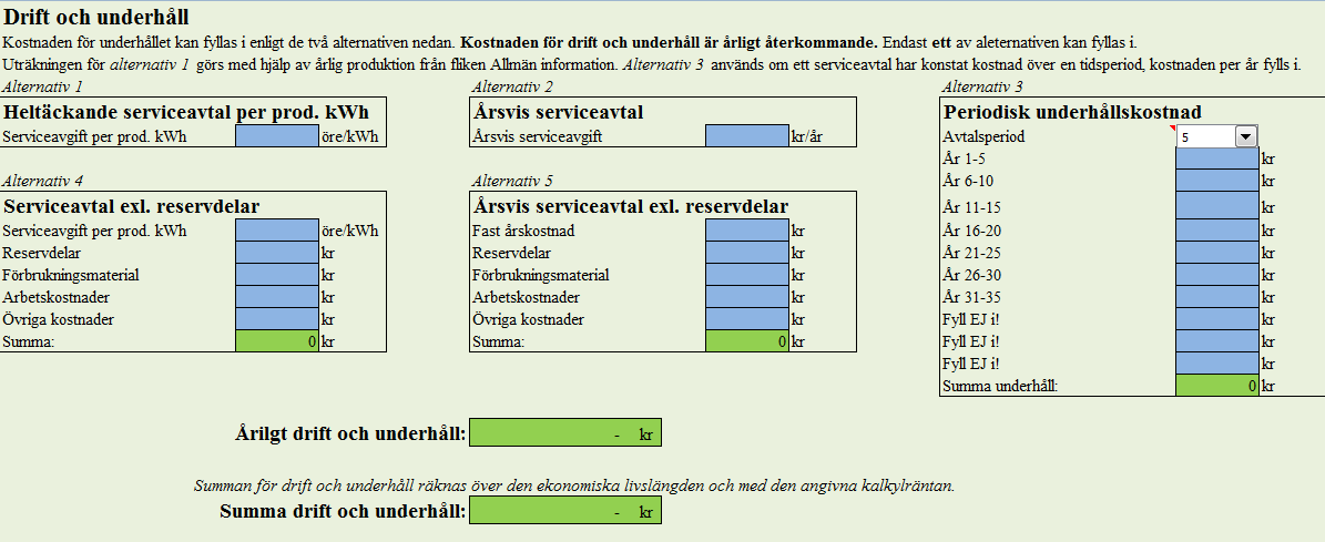 tillkommer i vissa fall även kostnader för minimiavgift, reservdelar, förbrukningsartiklar och arbetskostnad. 5.1.3.